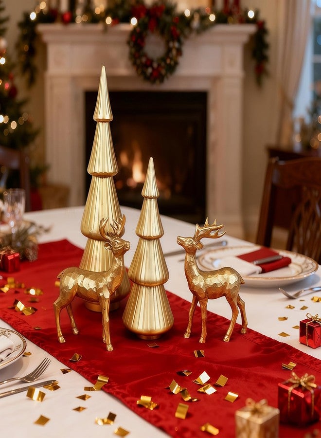 Stentec Set of 4 Christmas Table Decorations, 2 Xmas Trees & 2 Reindeer, Vintage Resin Golden Christmas Figurines for Dinner Party Supply, Tabletop Ornament Winter Mantle Fireplace Shelf Centerpieces - Image 4